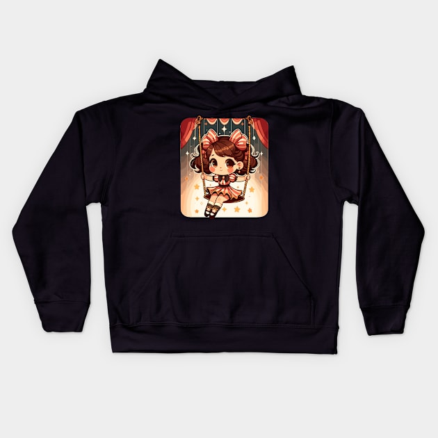 Circus girl give show on flying trapeze Kids Hoodie by TomFrontierArt